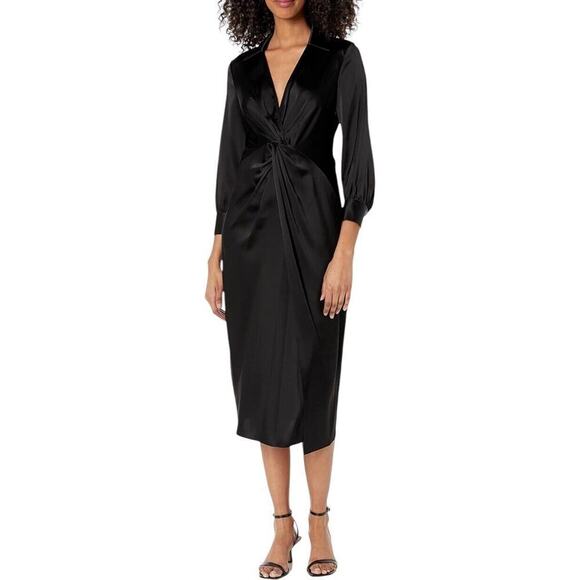 Theory Womens Black Satin Sheath Dress Size 8 Twist-Front Long-Sleeve V Neck - Picture 16 of 16